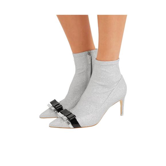 Sophia Webster Andie Bow Mid Heel Stretch Leather Glitter Fabric Ankle Booties - Picture 5 of 16